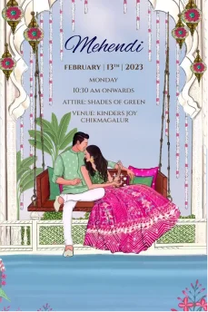 Designer Marathi e-invite with a Marathi couple in traditional dress, moving around a ceremonial fire