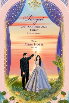 Designer Nikah invite with an illustration of a couple wearing traditional dresses, standing in a royal fort together
