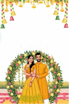 Digital wedding invite with a standing couple on a pink and white background