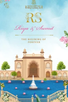 Designer Marathi e-invite with a standing couple illustration and elephants in the corners