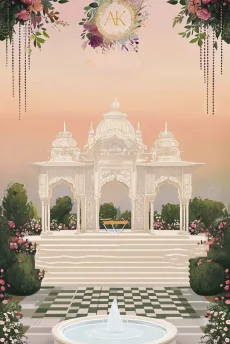 Beautiful Sikh wedding invite with a Sikh couple sitting in a gurdwara