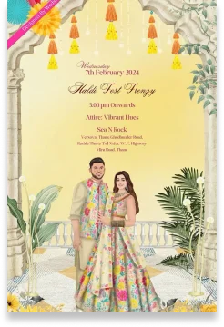 Digital Hindu wedding card with a golden and white background, featuring an illustration of Lord Ganesha