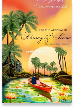 Designer Sikh e-invite with an illustration of a Sikh couple sitting together and floral decorations in the corners
