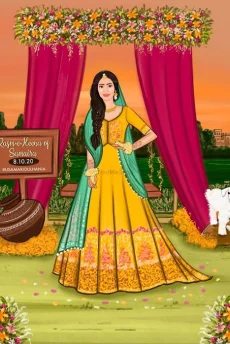 Designer Marathi wedding invite with an illustration of a Marathi couple and a beautiful designer arch