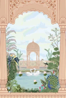 Romantic garden illustration with gazebo, swans, and floral archway frame