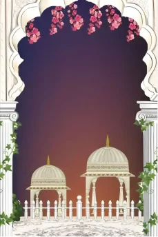 Wedding invitation frame with domed pavilions and floral arch design