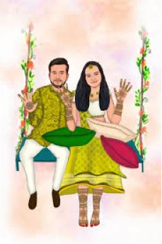 Illustrated couple on a floral swing in traditional Indian wedding attire showing mehndi designs