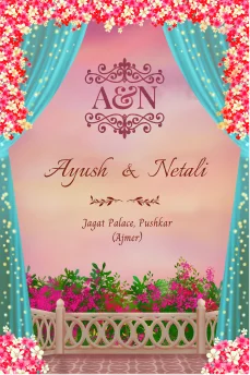 Online designer invitation with a Bengali couple illustration against a red and yellow background