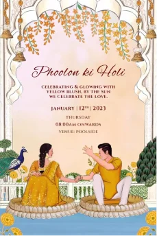 Online marriage invitation with a beautiful couple illustration and a pink and green background